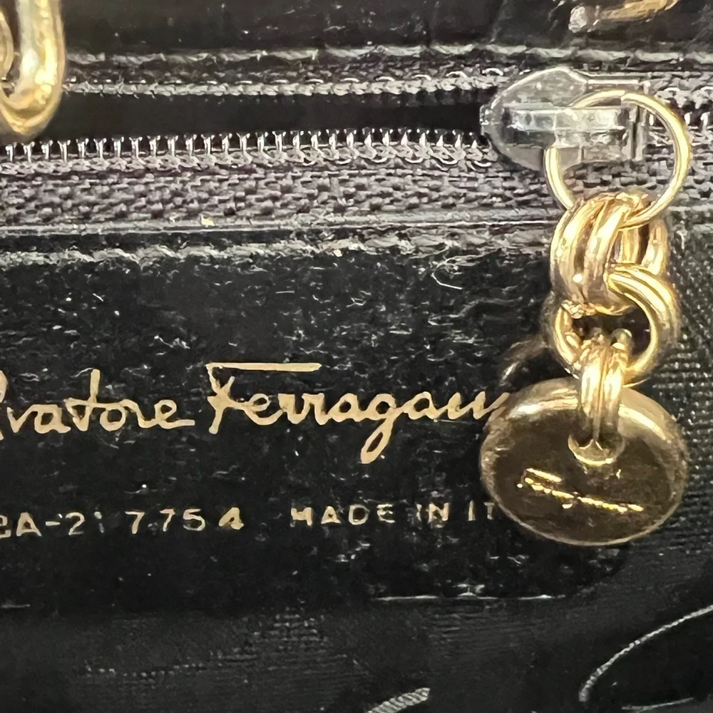 Salvatore Ferragamo Black Crocodile-Embossed Shoulder Bag